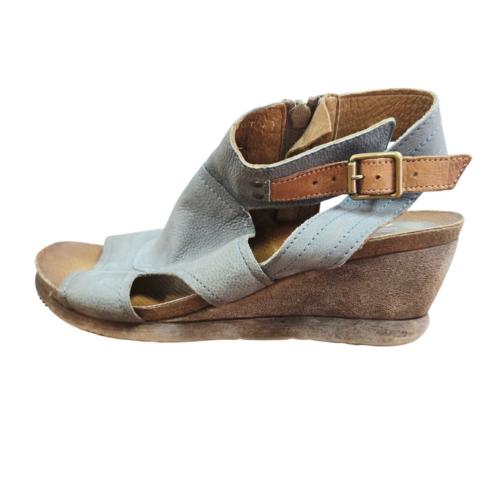 Miz Mooz Scout Women 41 Blue Leather Wedge Sandal Ankle Strap Zipper Boho Shoes